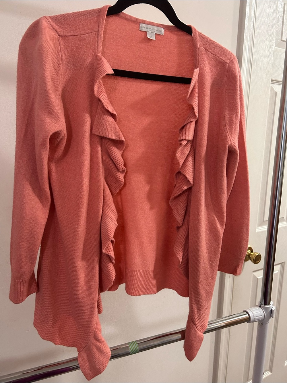 New York & Company Coral Pink Ruffle-Trim Open Cardigan